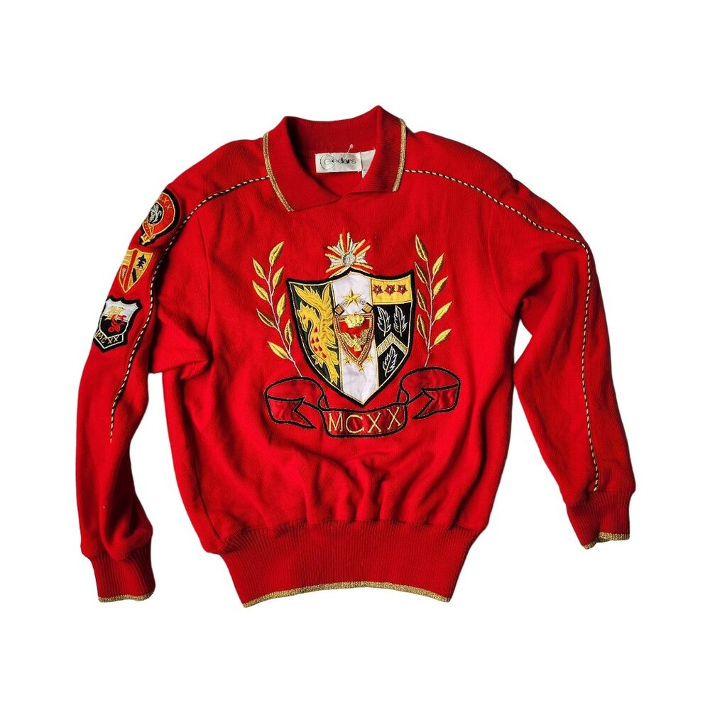 Vintage 80s 90s Red Crest Sweater with Gold Details Retro Streetwear Medium Top - Picture 2 of 7
